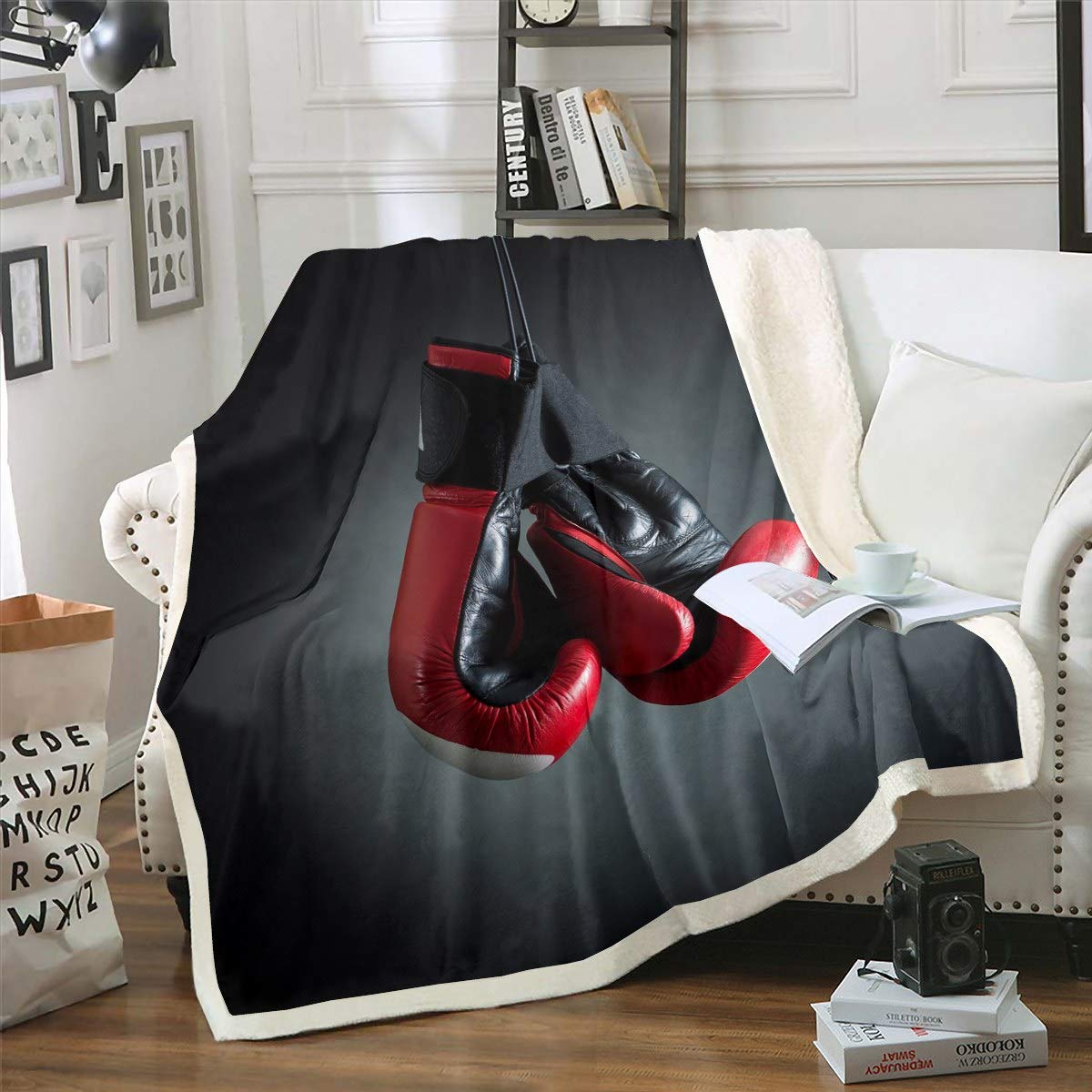 Loussiesd Boxing Throw Blanket Sports Theme Fleece for Chair Sofa Couch Men Boxing Gloves Pattern Plush Blanket Stain Resistant Pugilism Games Double 60"x79"