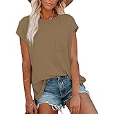 NEYOUQE Womens Clothing Tops Dressy Casual Shirts for Women Trendy Summer Fall Vintage Shirt Womans Plain Color top Short Sleeve Tunic Fashion Crew Neck Basic tees Lounge Baggy Work wear Khaki M