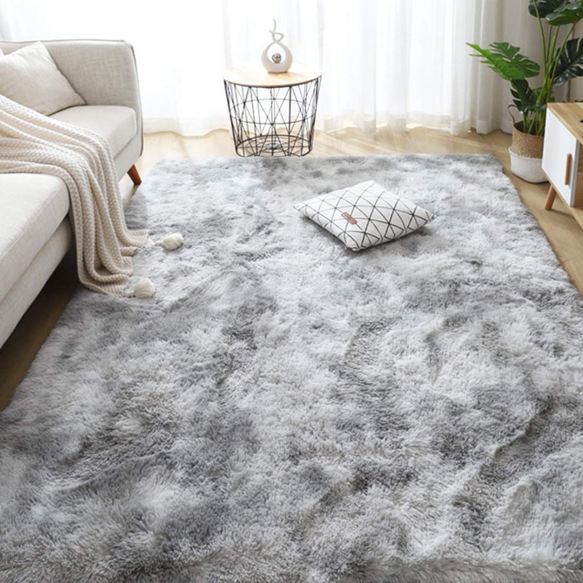 Leesentec Rugs Living Room Area Rug Soft Anti Slip Bedroom Carpet Fluffy Rug Shaggy Floor Mats Large Rugs for Living Room(White/Grey,160 x 200 cm)