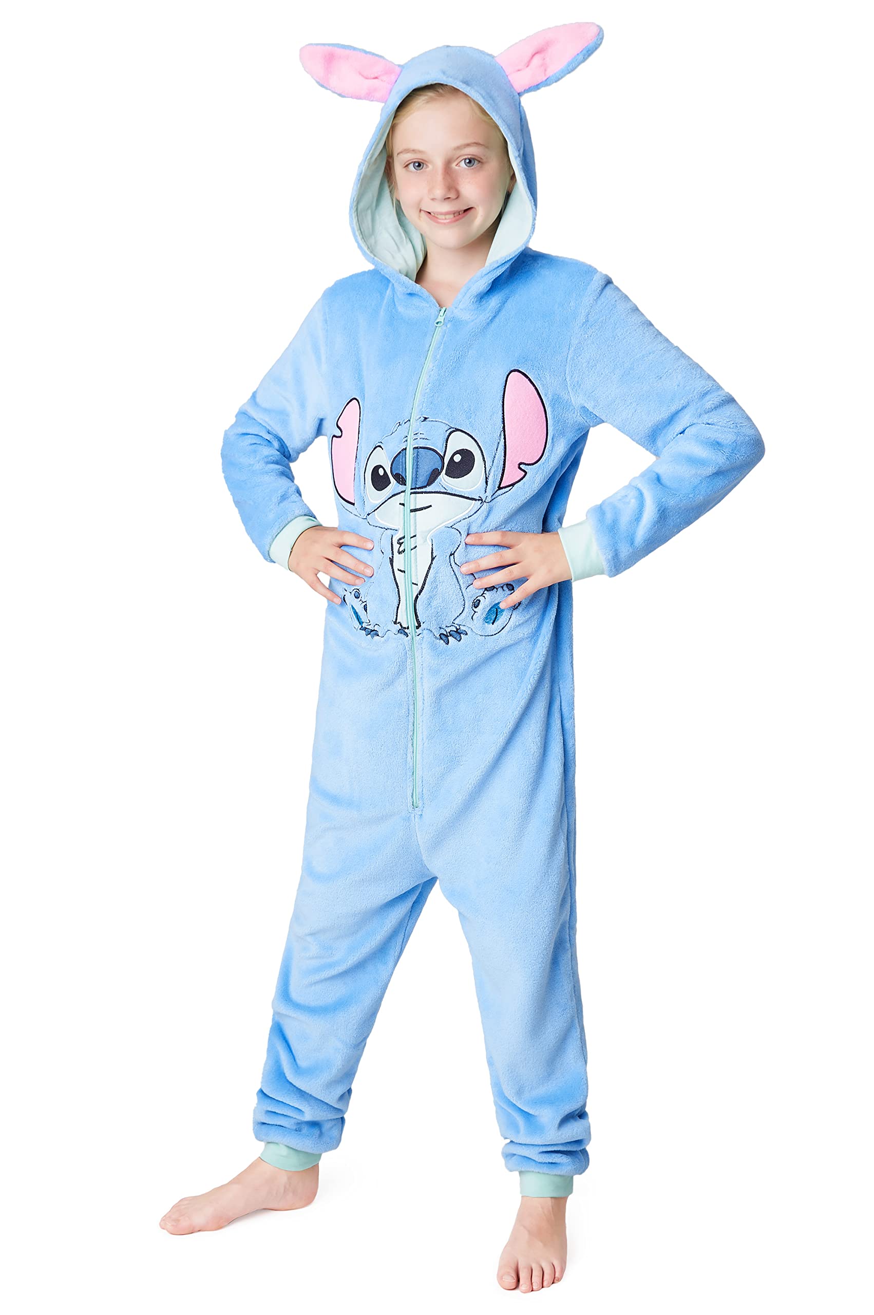 Disney Stitch Onesie for Kids Fleece Pyjamas Lounge Wear Eeyore Minnie Mouse Stitch Gifts (13 Years, Blue Stitch)
