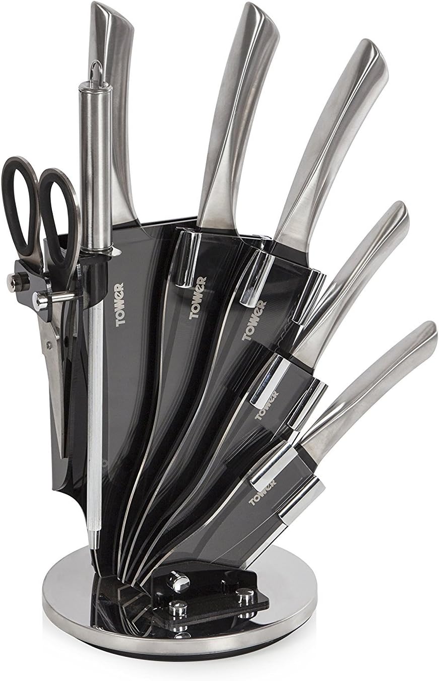 Tower Kitchen Knife Set with Rotating Acrylic Knife Block, Stainless