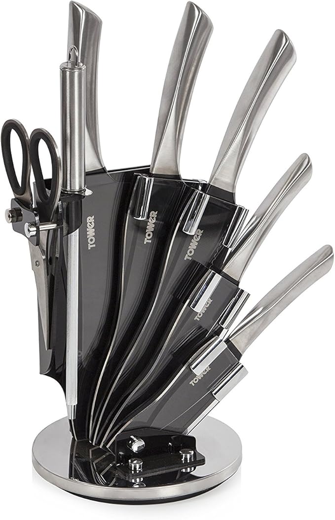 Tower Kitchen Knife Set with Rotating Acrylic Knife Block, Stainless