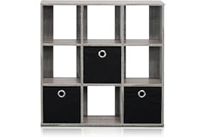 Furinno Simplistic 9-Cube Organizer with Bins, Small Size (Assembled unit dimensions : 7.9"D x 26.5"W x 26.7"H inches), French Oak/Black
