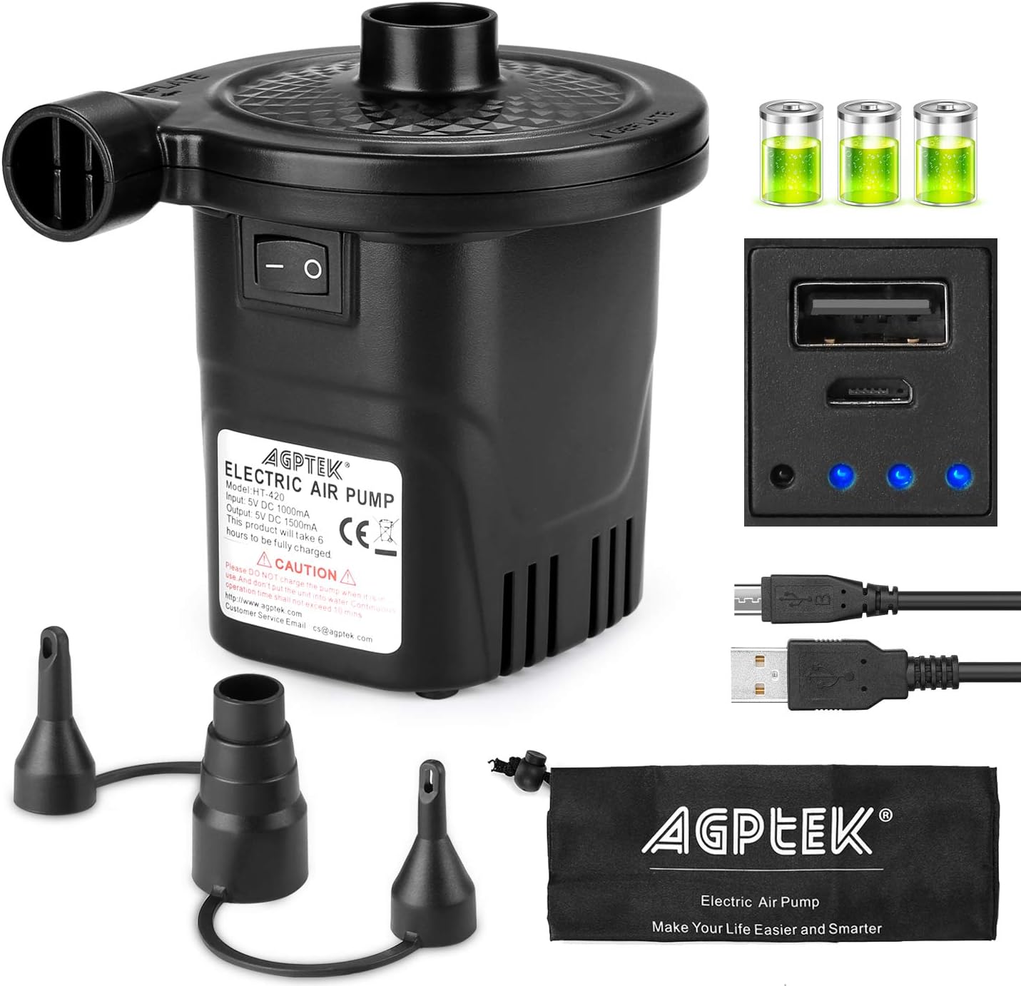 AGPtEK Rechargeable Air Pump, Electric Pump Quick-Fill Inflator ...