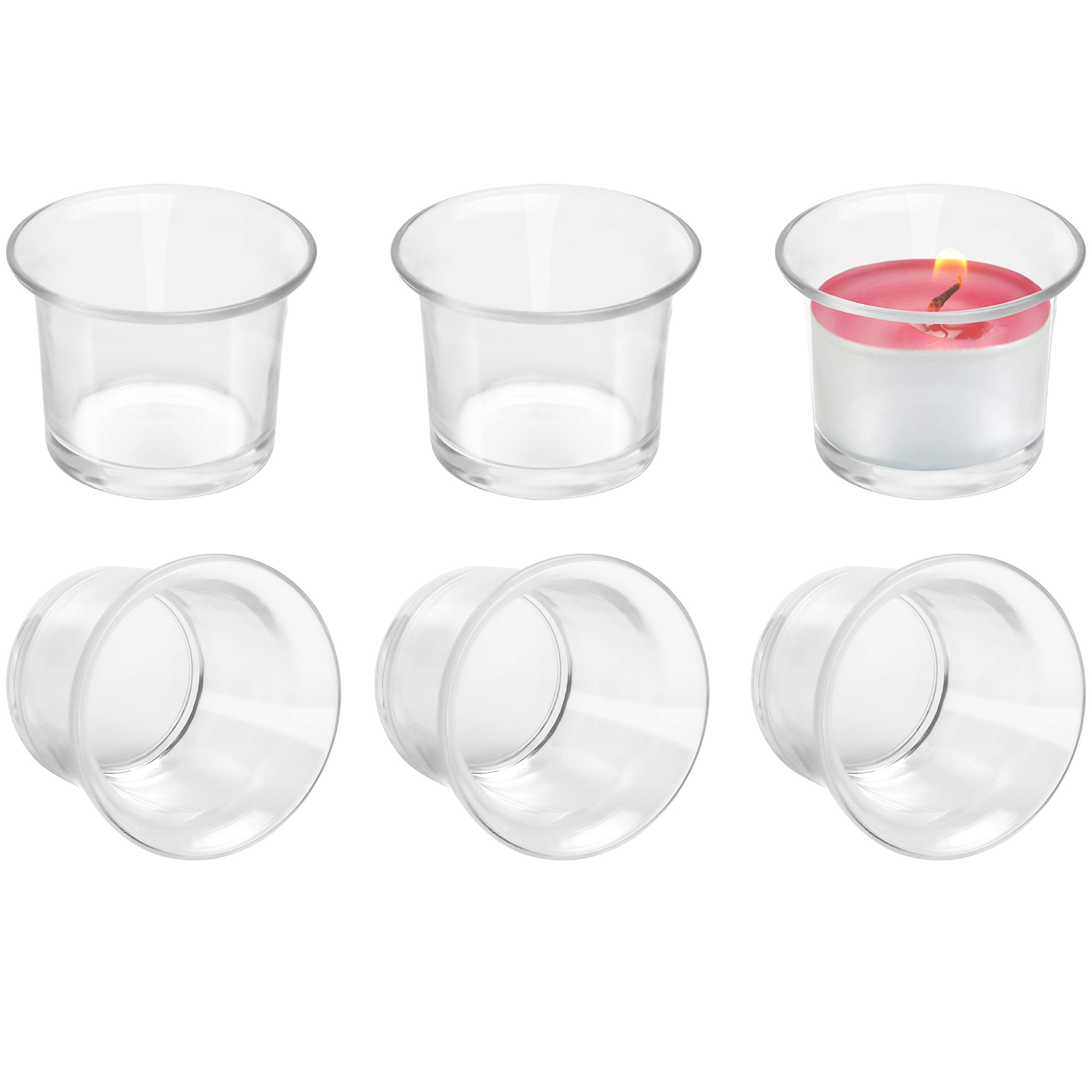 Belle Vous 6 Pack Votive Candle Holders - Clear Chunky Glass Lip Candle and Tealight Holders - Each Measure 4.5 x 4.5cm (1.8 x 1.8 inch) - For Weddings, Dinner Parties, Spas and Meditation