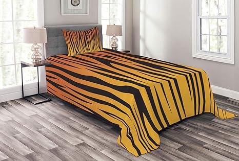 Amazon かわいらしいアニマル柄ベッドスプレッド 縦向きカービーライン ストライプ柄 アート柄 イラスト 装飾キルトカバーセット 枕カバー付き オレンジ ブラック ツイン Bed Twin ベッドカバー オンライン通販