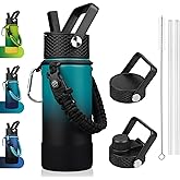 BJPKPK Water Bottle with Straw Lid, 18oz Insulated Water Bottles with 3 Lids, Paracord Handle & Non-slip Boot, Metal Stainless Steel Thermal Flasks, BPA Free Leak Proof Tumblers,Army Green & Black