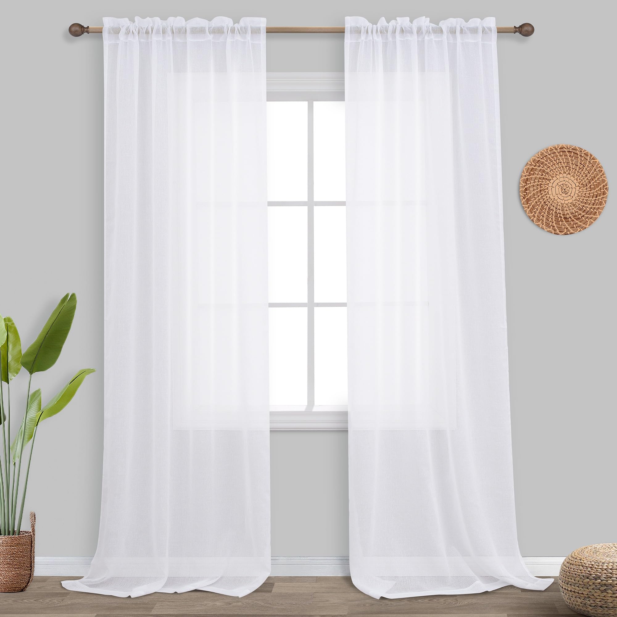 Photo 1 of KOUFALL 108 Inch Long White Sheer Curtains,Rod Pocket Linen Look 9 FT High Ceiling Large Window Curtain Drapes 108 Inches Long 2 Panels
