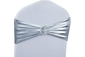 Babenest Spandex Chair Sashes Bows 50PCS Premium Stretch Chair Cover Band with Buckle Slider Universal Elastic Chair Ties for Wedding Party Ceremony Reception Banquet Decoration (Metallic Silver)