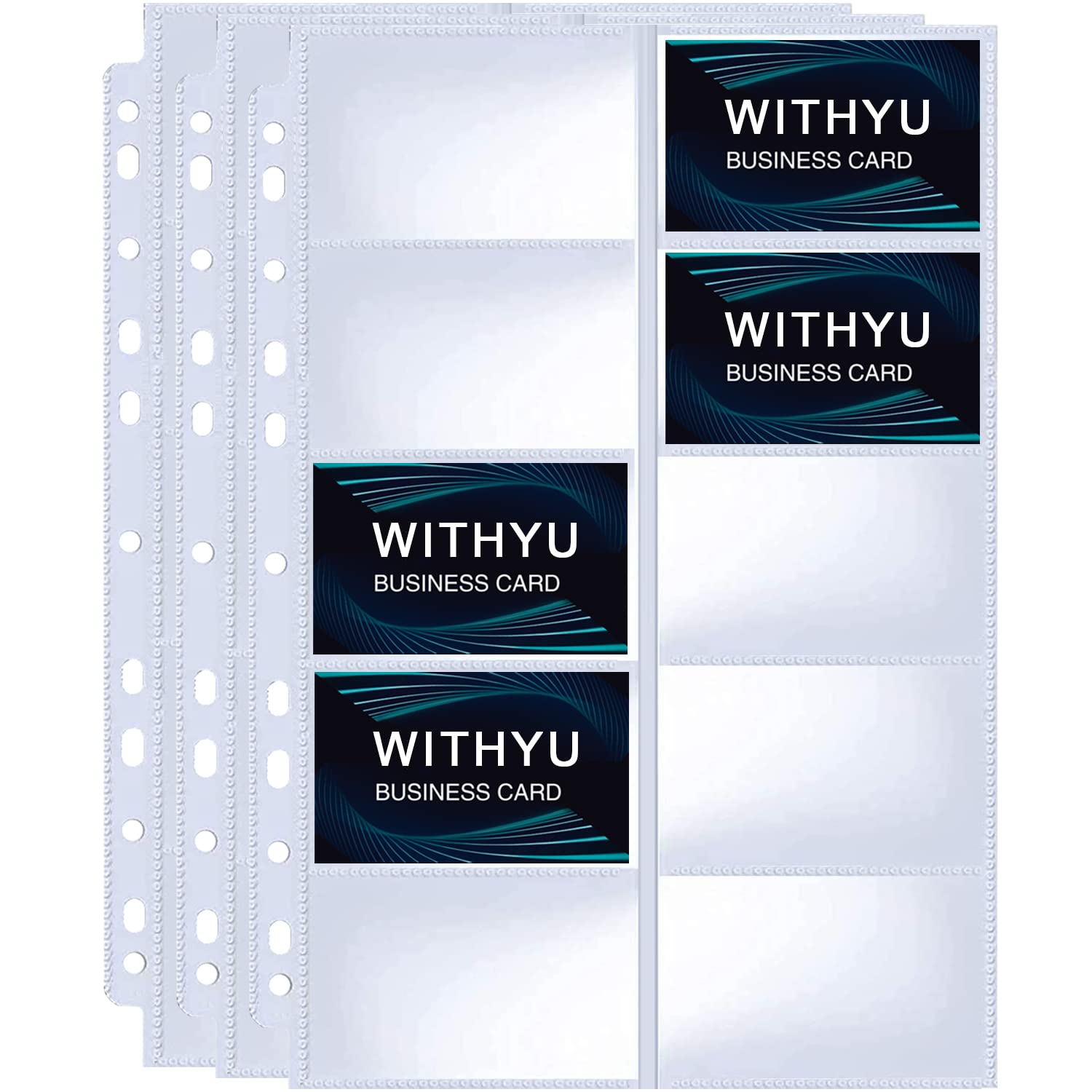 WITHYU 30 Pack 600 Pockets Business Card Sleeves Sheets,A4 2/3/4 Ring Binder Credit Card Sleeves ,Ultra Clear Business Card Sheets with 11 Holes Double Sided 10 Pocket Credit Card Sheets,A4 Size