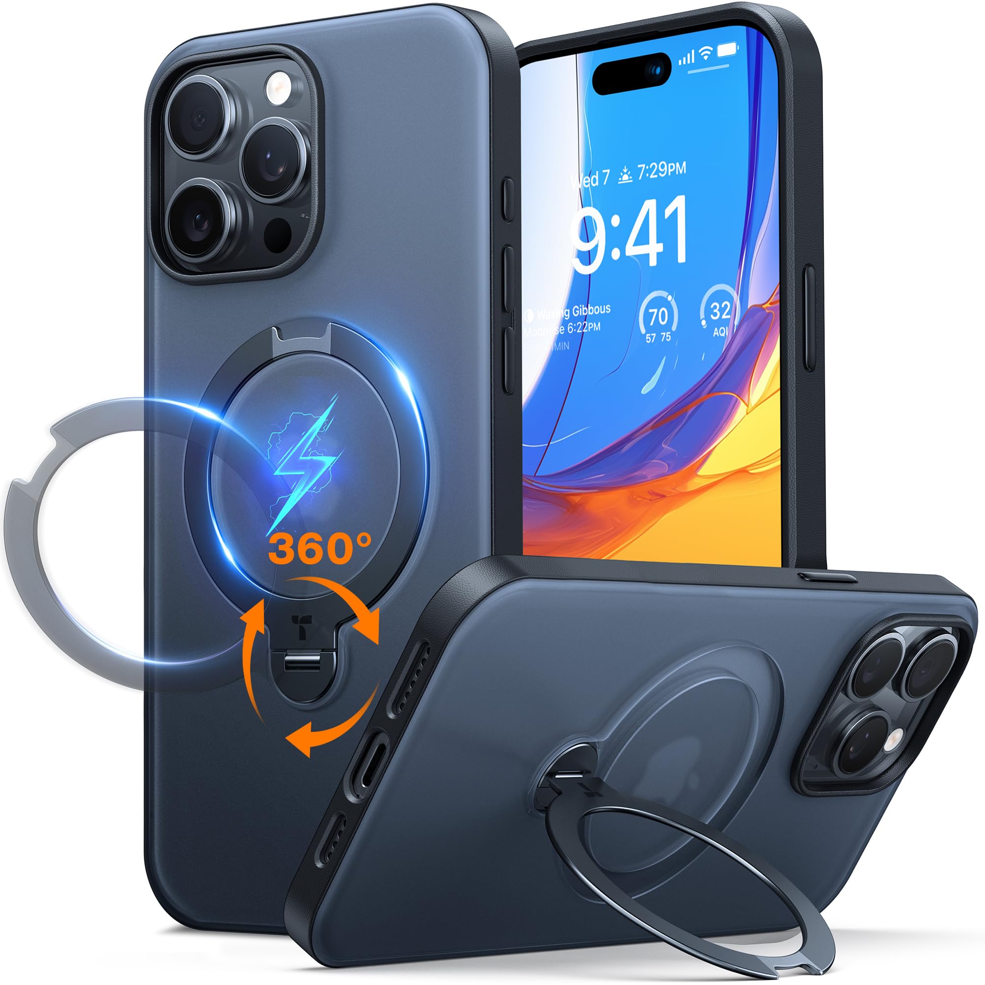 Photo 1 of TORRAS Upgraded 360 Spin Magnetic Stand for iPhone 15 Pro Max Case, Compatible with MagSafe, Military Grade Shockproof, Built-in Kickstand Ring Holder, Translucent Slim Soft Edge, Ostand Spin Black