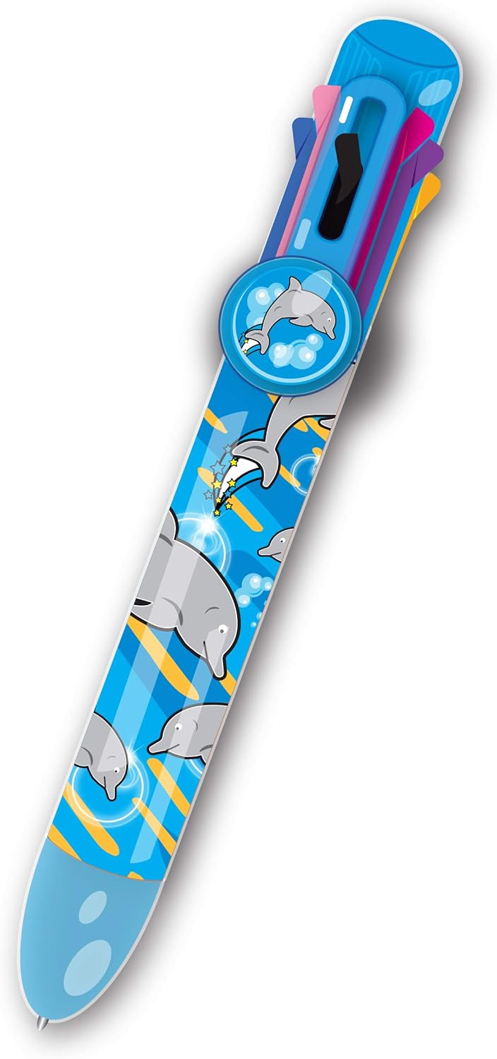Rainbow Writer, Dolphin Pen by Deluxebase. 8-in-1 Multicolour Retractable Ballpoint Pen with a Blue Glitter Barrel
