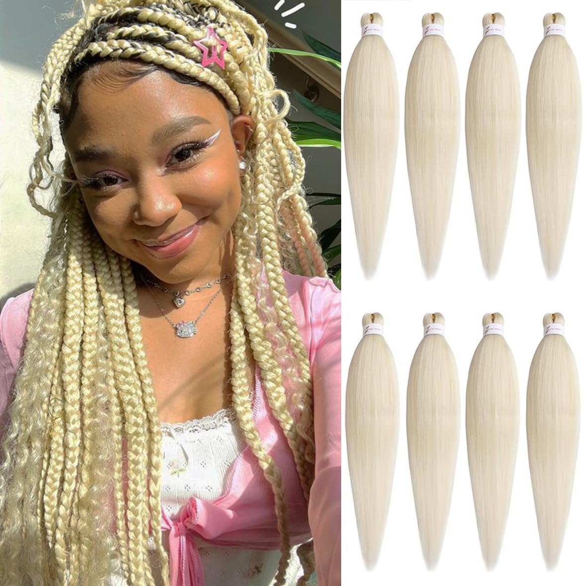 Leeven 8 Packs Blonde Pre Stretched Braiding Hair Extensions for Box Braids Yaki Straight EZ Braiding Hair Pre Stretched Crochet Braiding Hair Extension /16 Inch 613#