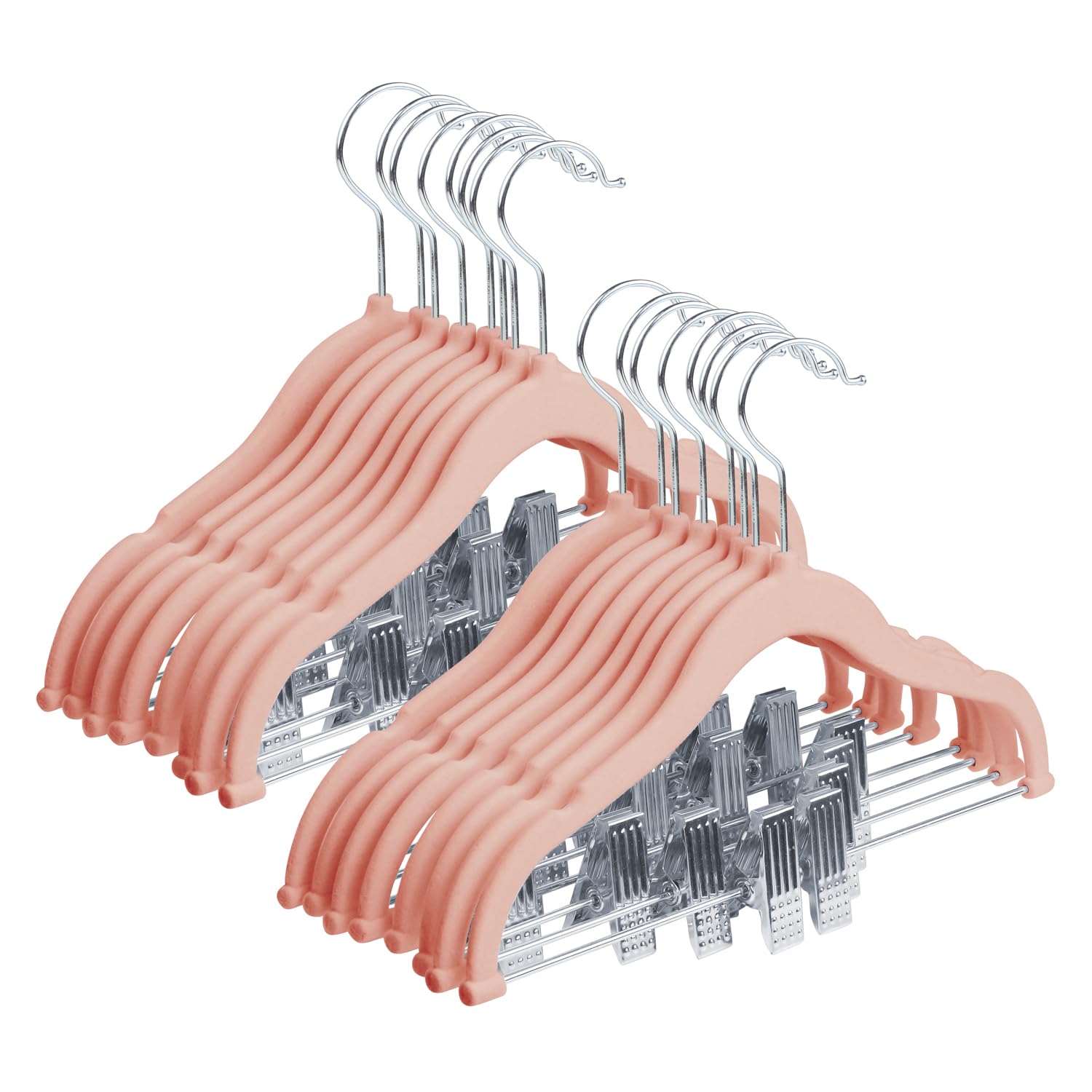 MangoKit 16 Pack Trouser Hangers with Movable Clips & Non-Slip Swivel Hooks - Space-Saving Velvet Hangers for Kids' Clothing (30cm Pink)