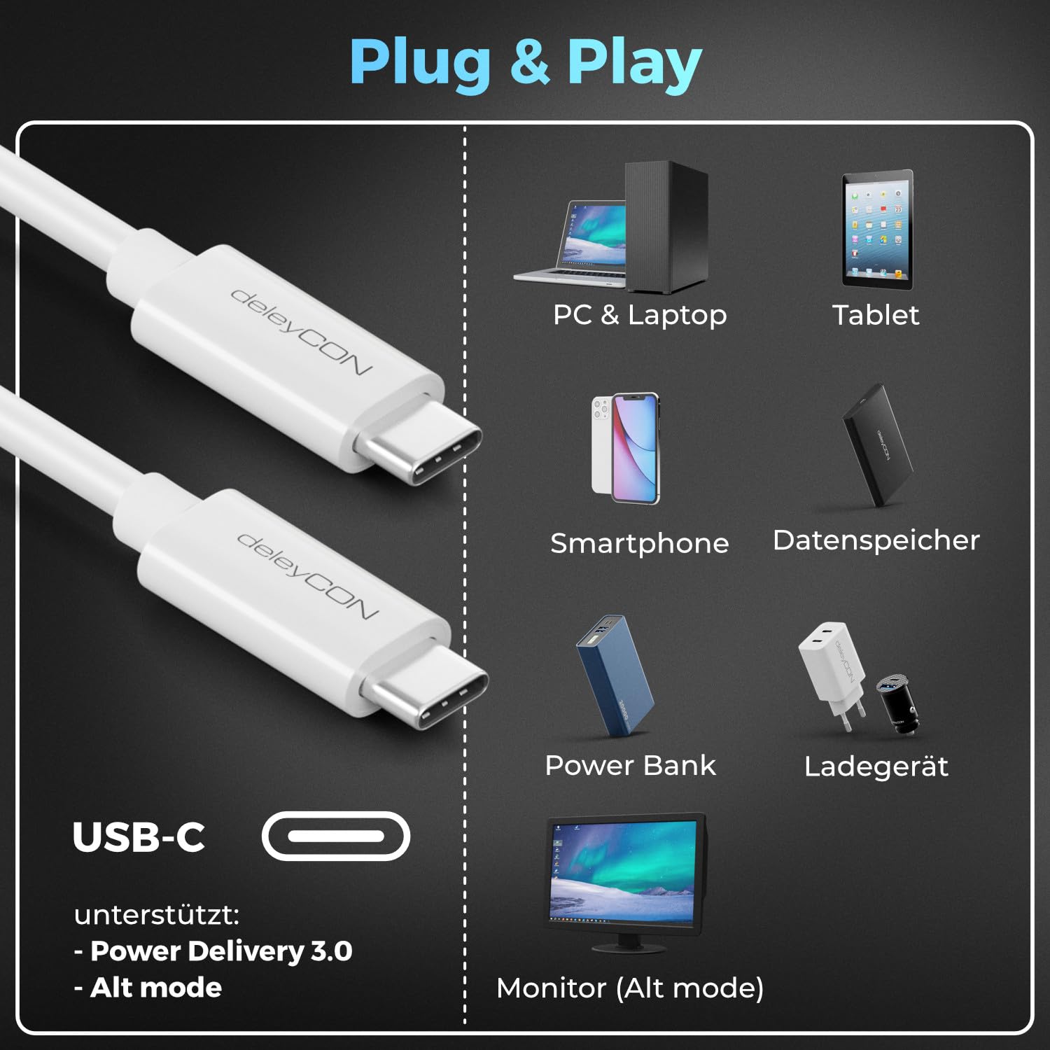deleyCON 1m USB C Kabel USB3.2 Gen2 (10 Gbit/s + 100W Fast Charge) Ladekabel Datenkabel für SDD HDD Apple iPhone 17 16 15 Pro Max Air Galaxy S26 S25 S24 S23 iPad MacBook iMac Tablet Switch PS5 Weiß 6