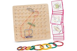 Skrtuan Wooden Geoboard with Rubber Bands, Montessori Educational Toy for Kids, Pattern Block Geo Board with Pattern Cards and Rubber Bands Create to Figures Shape STEM Puzzle Matrix Brain Teaser
