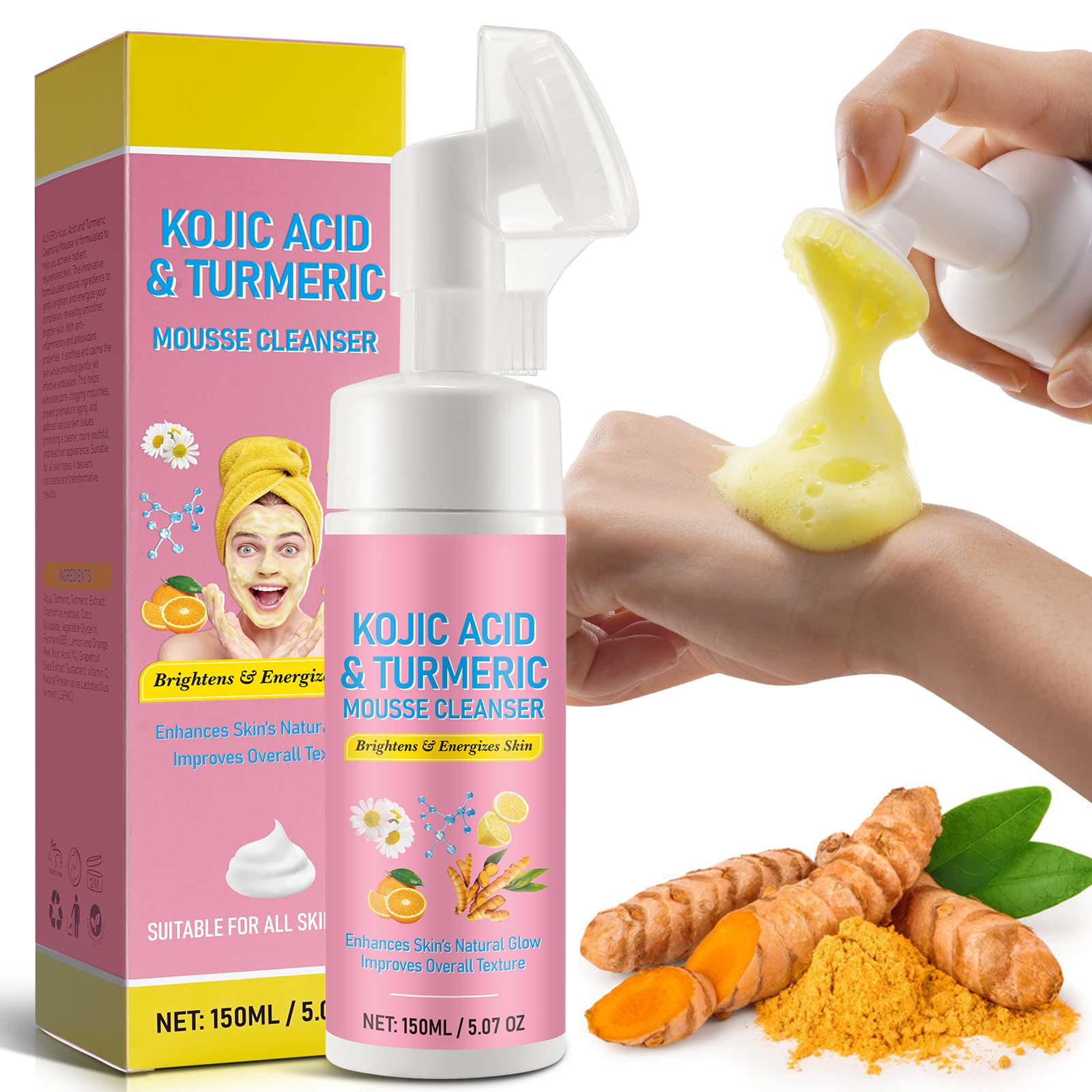 Turmeric Facial Foaming Cleanser - Deep Cleaning Pores Moisturizing Kojic Acid and Turmeric Cleansing Face Skincare Clear Mousse Cleanser Washes for Oil, Dry and All Skin