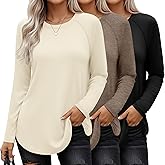 Ficerd 3 Pack Women's Long Sleeve T-Shirts Crew Neck Raglan Sleeve Casual Loose Fit Shirts Side Split Curved Hem Tunic Tops