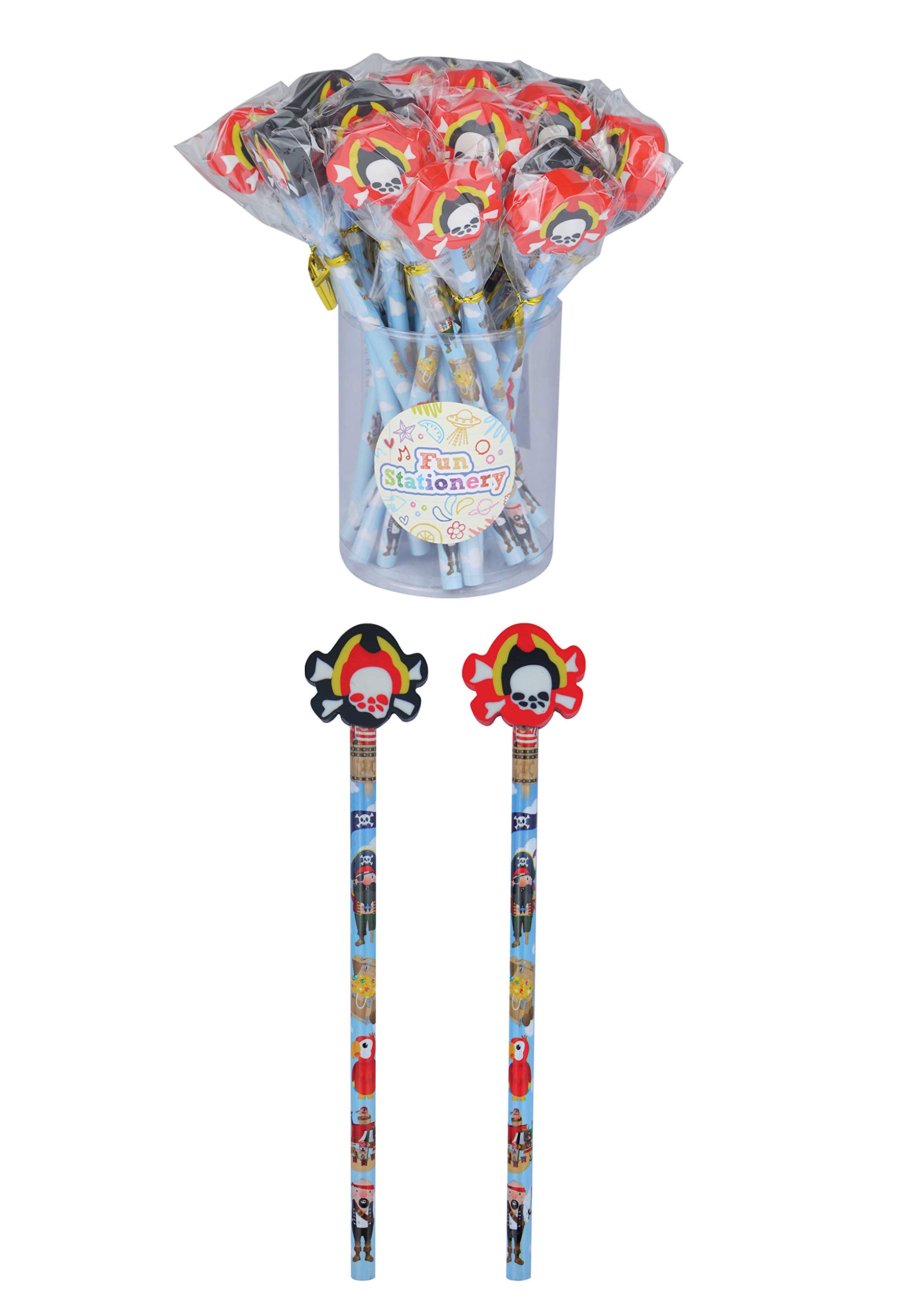 Henbrandt 24x Pirate Pencils with Eraser Toppers Party Favours Novelty Rubbers Stocking Filler Trick or Treat Halloween Gifts Kids Stationery for Boys and Girls