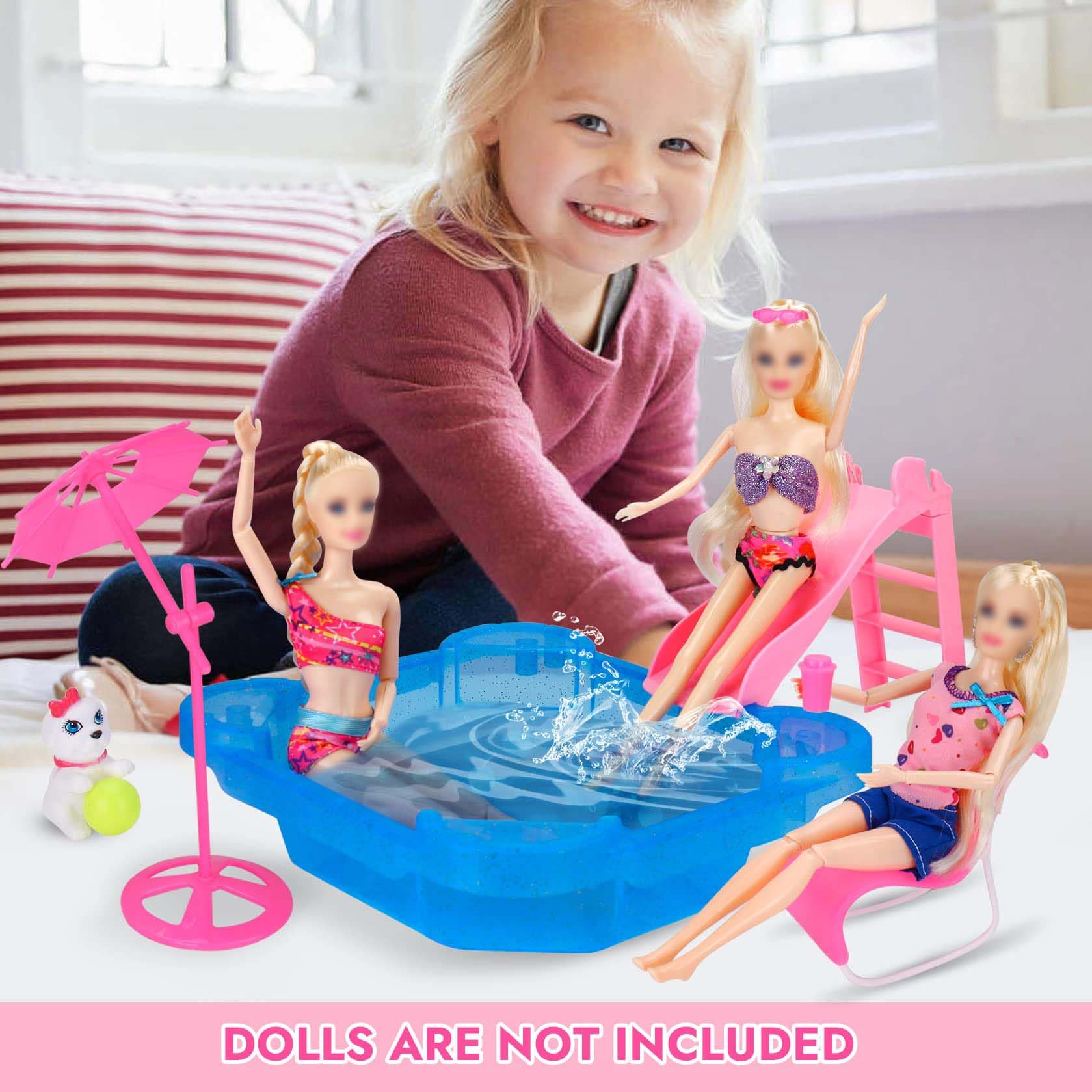 BETTINA Pool Playset - Glam Pool with Slide, Doll Pool Accessories Includes Beach Chair, Beach Umbrella, Dog, Swimming Pool Set for 12 Inch Dolls, Bath Toys for Dolls