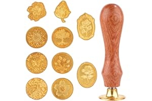 WADY 10 Pcs Wax Seal Stamp Kit, Sealing Wax Stamp Heads with a Wooden Handle Stamp Kit with Various Patterns, Vintage Sealing