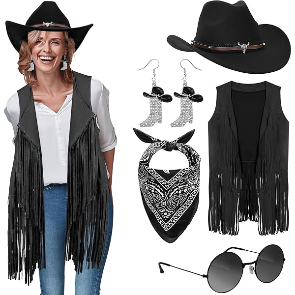 MRYUWB Tenue de cowgirl occidentale pour femme, gilet à franges, chapeau de cowboy, collier, bandana, costume hippie des années 70 pour Halloween, Noir , M