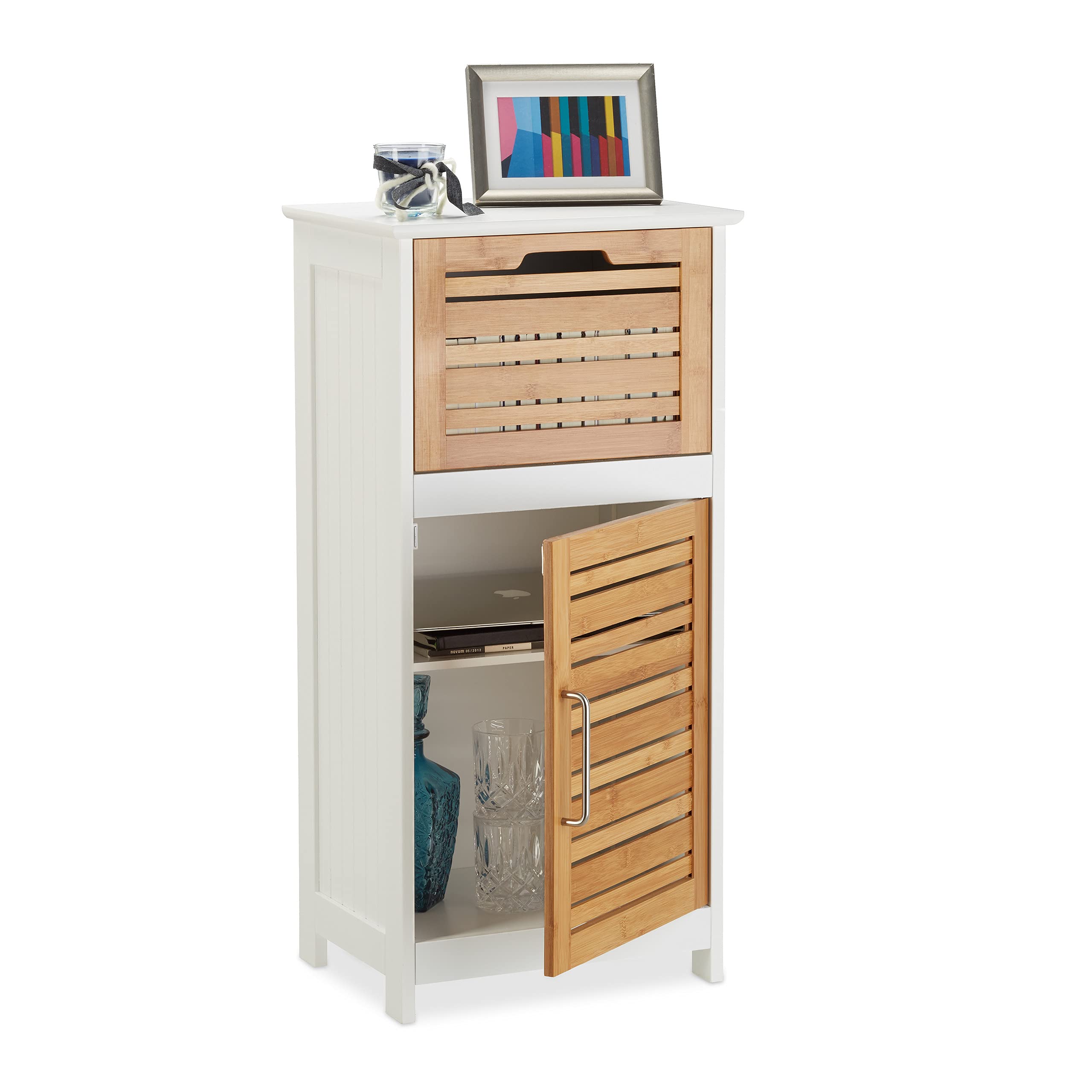 Relaxdays Bamboo Side Cabinet, Half-Height Bathroom Cupboard with Drawer, HWD: 83 x 40 x 30 cm, Hallway and Living Room, White