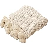 ATMOSURELY Ultra Soft Beige Chenille Cable Knit Throw Blanket with Handmade Pom Poms Cozy Fluffy Knitted Blanket Lightweight Warm Woven Farmhouse Blanket for Bed Sofa Couch 50x60 Inches (Beige)