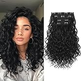 LEEONS Curly Clip in Hair Extensions, 4PCS 16 inch Curly/Wavy Hair Extensions Clip ins - Lace Weft Soft Natural Hairpieces for Women (Natural Black)
