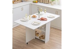 VANSPACE Folding Dining Table Drop Leaf Table for Small Spaces with Storage Racks Multifunction Space Saving Table Extension Dinner Table for Kitchen Bedroom Dining Room White