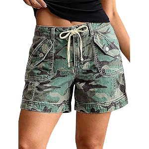 Flamingals Straight Leg Mid Rise Camo Drawstring Shorts for Women | Camo Print Shorts, Mid Rise, Straight Leg, Flap Pocket, C