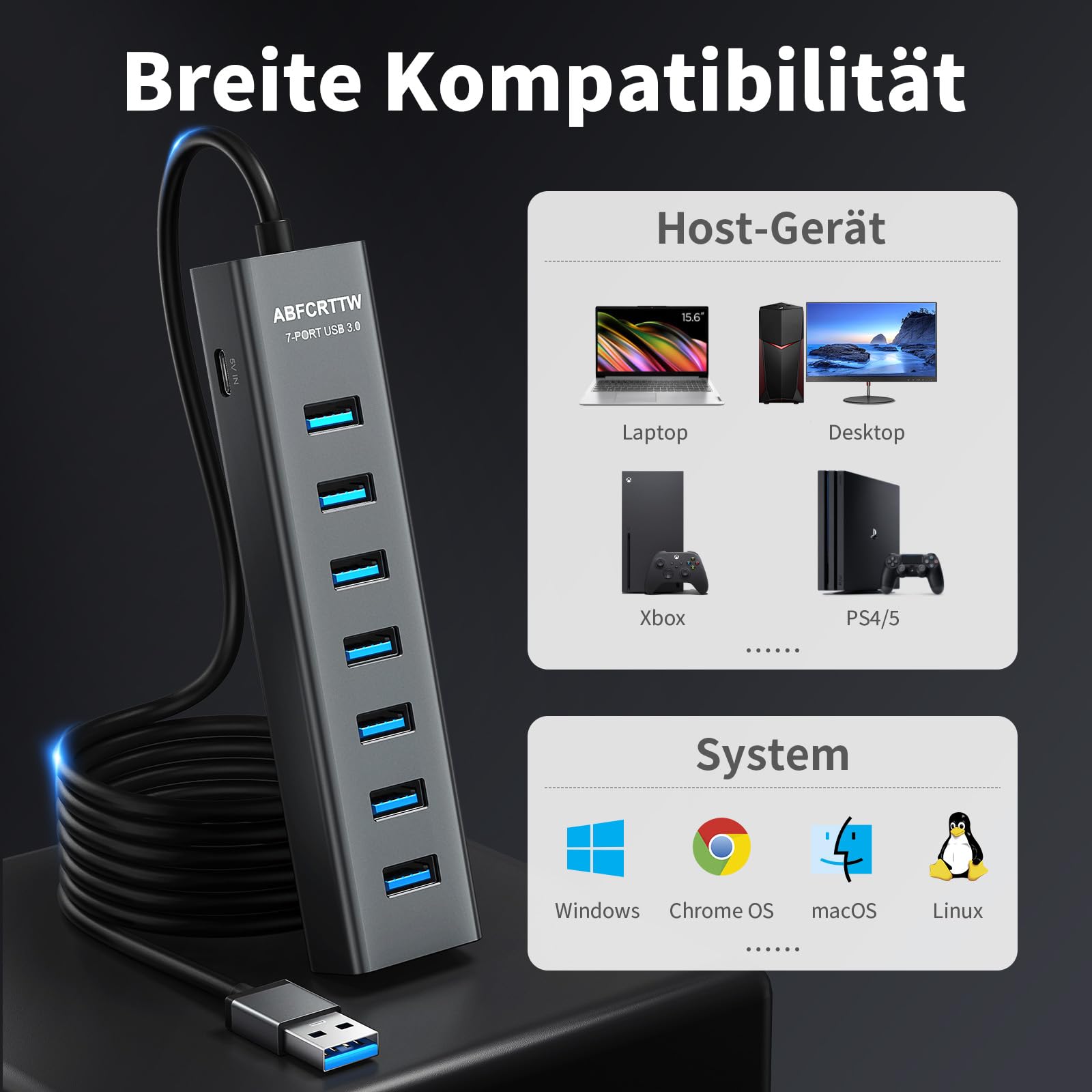 7-Port USB Hub 3.0 mit 120cm Kabel für Desktop, Aluminium USB Verteiler 5Gbps Multiport Adapter Splitter mit 5V 3A Type-C Port für PC, Laptop, MacBook, U-Disk, Maus 7