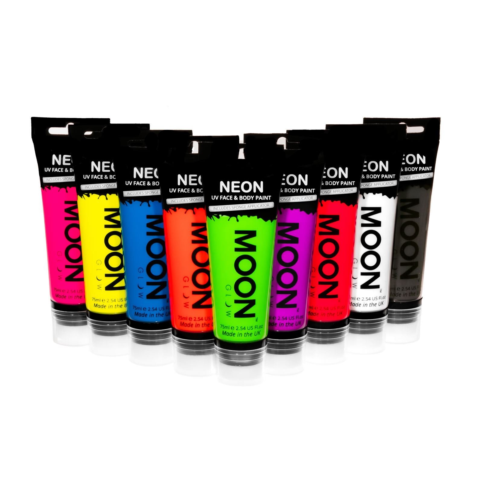 Moon Glow Supersize 75ml Neon UV Face & Body Paint - Choose from 9 colours - with sponge applicator (Set of 9)
