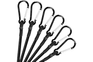 Kinzomor 12 Inch Bungee Cord with Carabiner Hook, 1/3 Inch Thick Black Bungee Cords Heavy Duty Outdoor Bungee Straps with Hooks for Camping, Tarps, Bike Rack, Tent,Luggage Rack,Cargo,RV, etc (6 Pack)