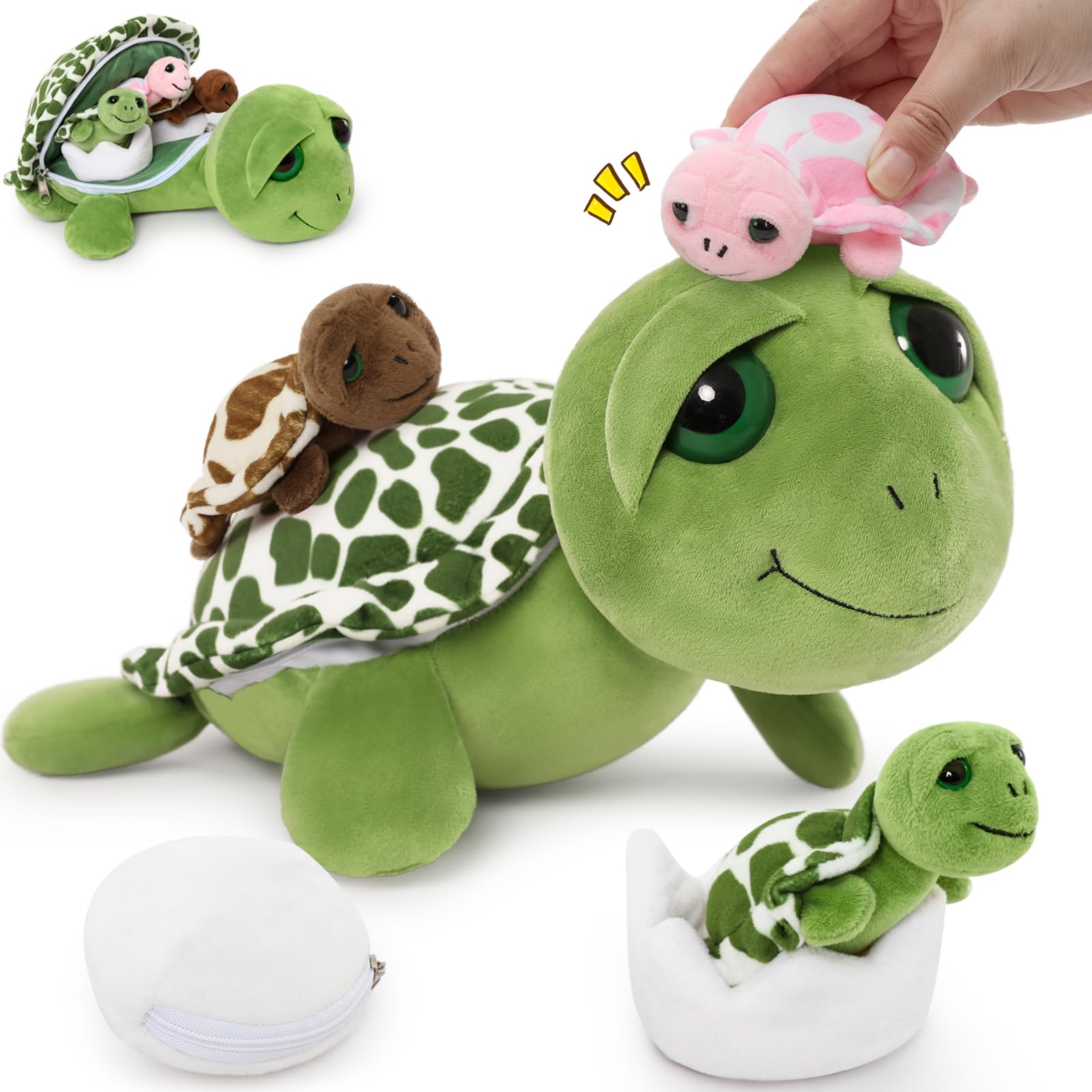 MorisMos Turtle Stuffed Animal with Babies Inside, 14'' Talking Mommy Turtle Plush with Babies & Eggs, 6PCS Interactive Sea Ocean Plush Toys Family with Gentle Voice, Big-Eyed Gift for Kids Girls Image