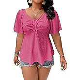 Eytino Womens Plus Size Tops Sweetheart Neck Short Sleeve Eyelet Embroidery Summer Loose Peplum Shirts(1X-5X)