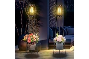 FQIIL 2 Pack Solar Lights Outdoor with Plant Stands, Solar Floor Lamp, Solar Powered Street Light Metal Tripod Deck Lights, Patio Decor for Garden Yard Pathway Driveway Porch