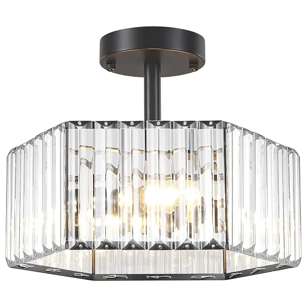 TOULMJ MODERN BLACK SEMI FLUSH MOUNT CEILING LIGHT, 3-LIGHT CRYSTAL ENTRYWAY LIGHT FIXTURE CLOSE TO CEILING KITCHEN LIGHTING, HALLWAY LIGHT FIXTURES FLUSH MOUNT CHANDELIER FOR BATHROOM BEDROOM FOYER