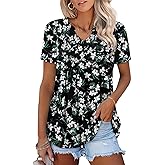 ONLYSHE Womens Short Sleeve Shirts Summer Floral Tunic Tops V Neck Blouse Loose Fit Shirts for Leggings