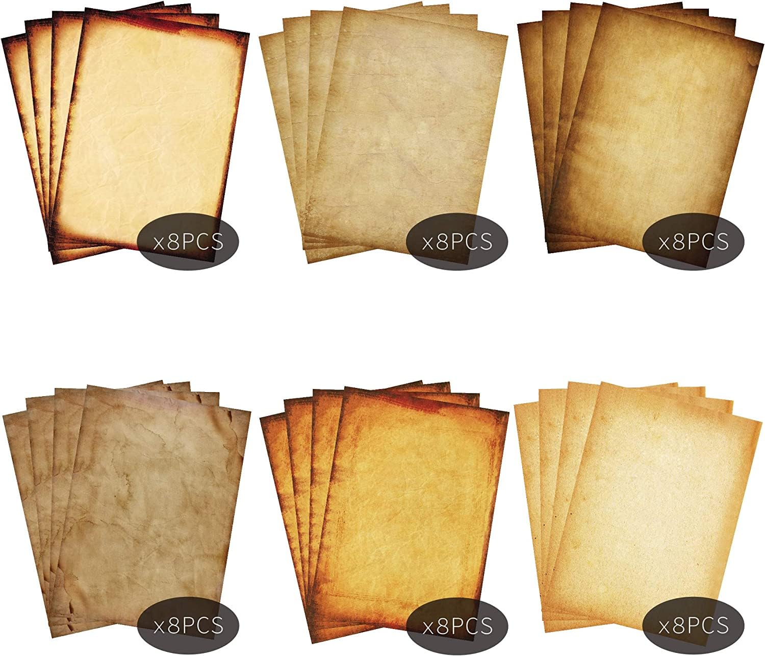 Stationary Paper 48 Pack Parchment Antique Colored Printed Paper, Stationery Vintage Letter Writting Paper for Craft, Invitations, Map, 8.5 X 11 Inch