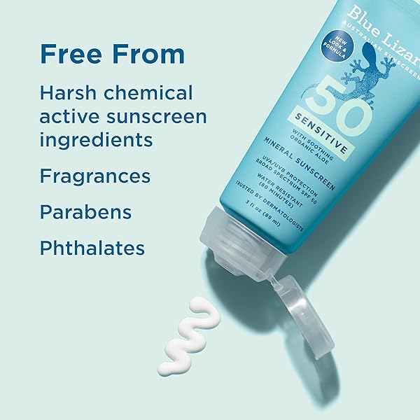 BLUE LIZARD SENSITIVE MINERAL SUNSCREEN WITH ZINC OXIDE, SPF 50+, WATER RESISTANT, UVA/UVB PROTECTION WITH SMART CAP TECHNOLOGY – FRAGRANCE FREE, 3 OZ. TUBE