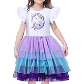 VASCHY Summer Tulle Dress Cotton Ruffle Sleeve Tutu Princess Dress Birthday Outfit Clothes for Toddler/Little/Big Kid Girls