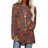 Biacolum Long Sleeve Tops for Women Retro Pullover Blouses Aztec T Shirts Vintage Western Ethnic Crewneck Fall Ladies Tops
