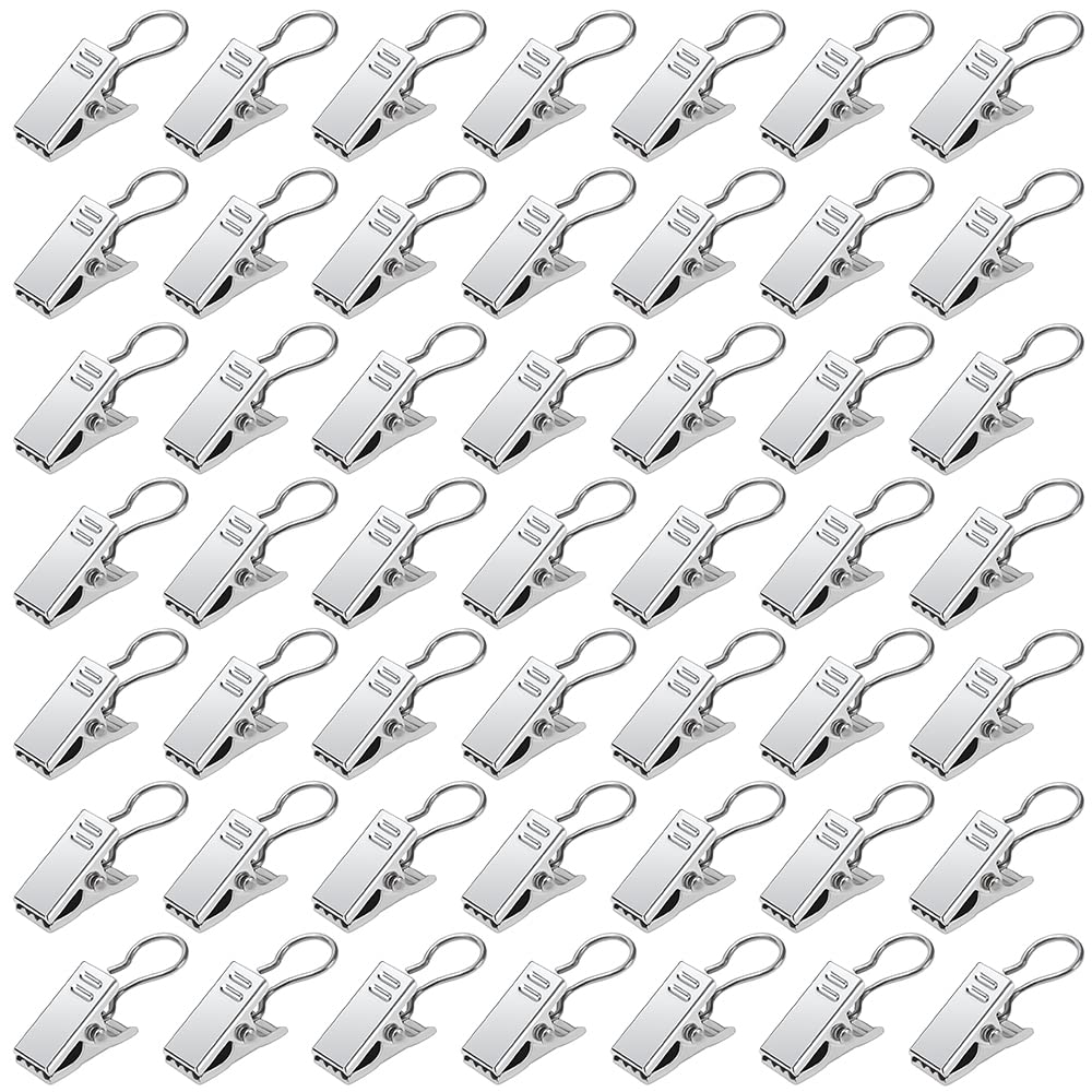 YIXISI 50 PCS Stainless Steel Curtain Hangers, Metal Hooks with Curtain Clips, Light Hangers Wire Holders, for Bedroom, Bathroom, Home Decoration, Silver