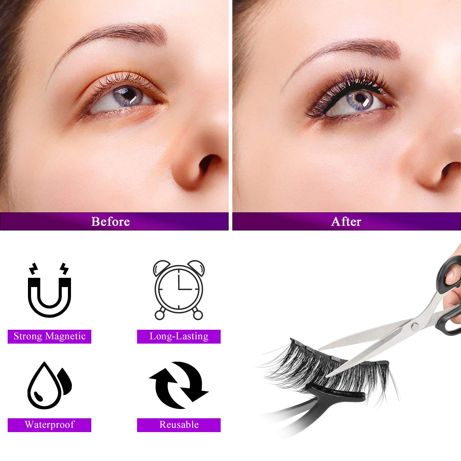 6 Pairs Eyelashes with Eyeliners , 3D Reusable Natural Look