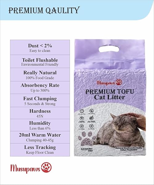MUSUPAWS PREMIUM TOFU CAT LITTER (LAVENDER) 100% NATURAL INGREDIENTS, ULTRA ABSORBENT, DUST – FREE, FLUSHABLE, EASY CLEANING & SCOOPING – PRETTY KITTY ODOR CONTROL LIGHTWEIGHT MULTI-CAT QUICK CLUMPING