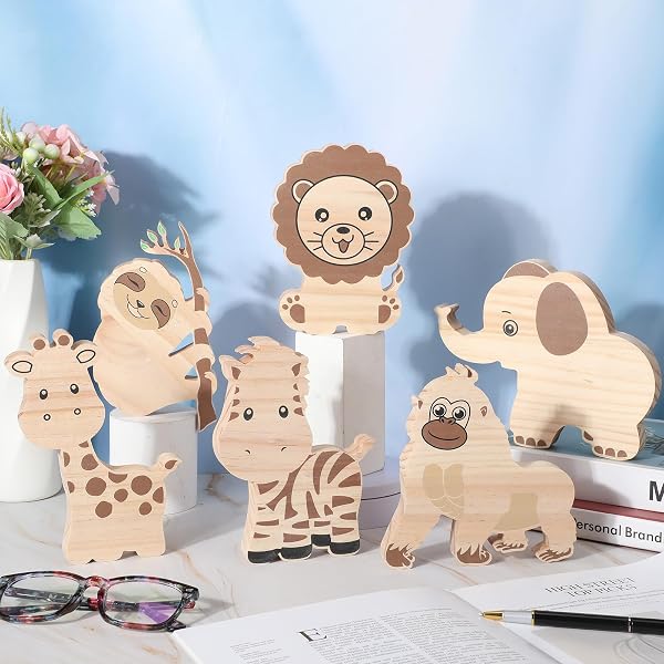 Spiareal 6 Pcs Jungle Animal Wooden Wall Decor - Woodland Nursery, Safari Theme Art For Kids Room, Playroom, Classroom