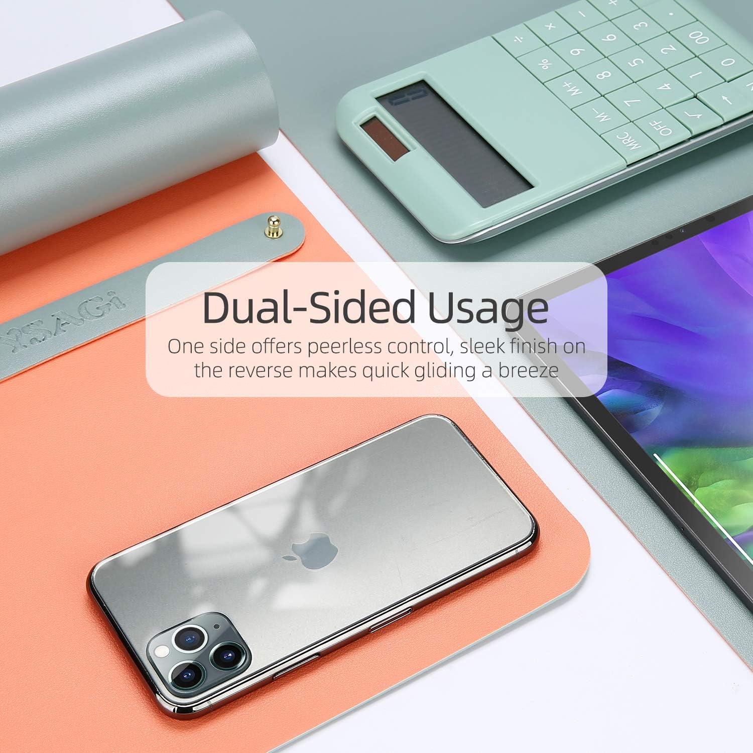 YSAGi Multifunctional Office Desk Pad, Ultra Thin Waterproof PU Leather Mouse Pad, Dual Use Desk Writing Mat for Office/Home (23.6" x 13.7", Glaucous Green+Orange) : Office Products
