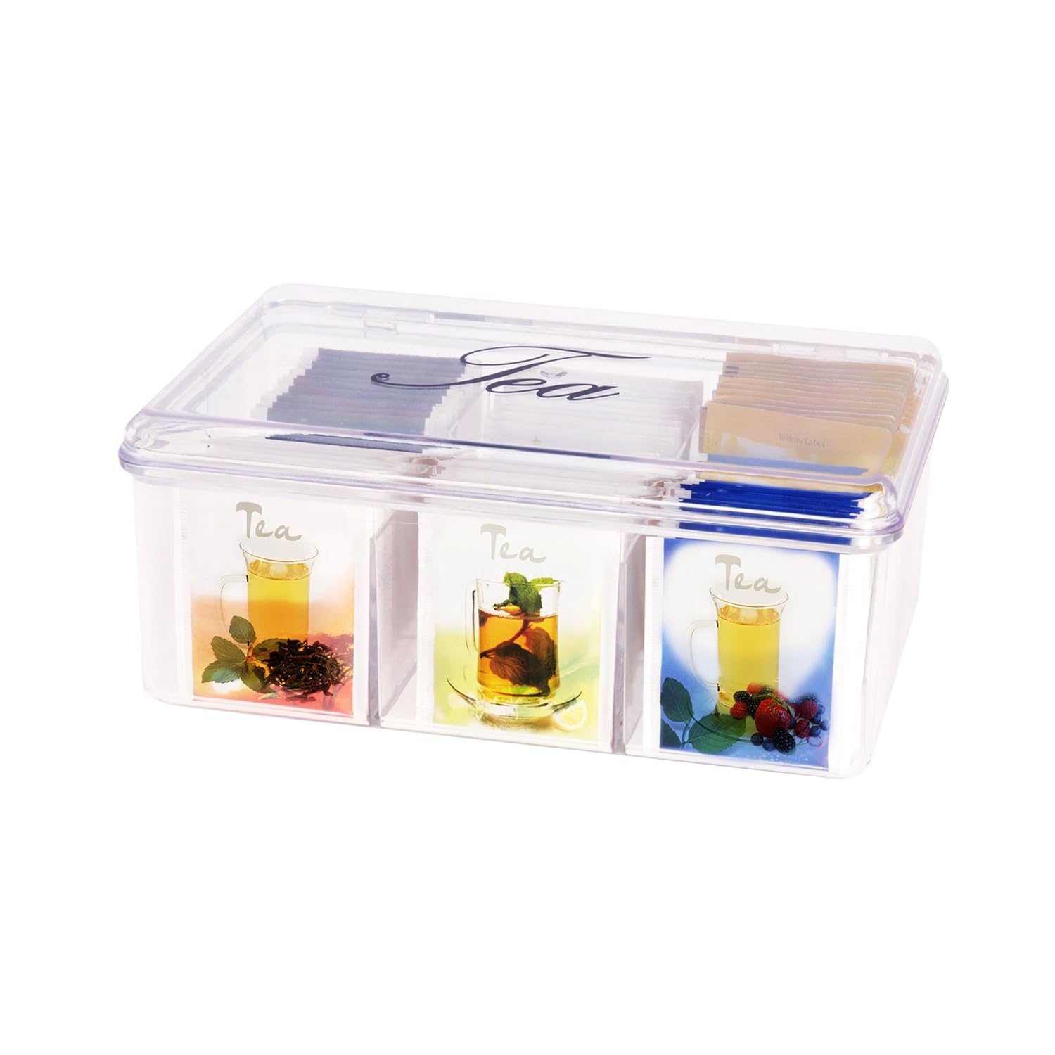 Perfecta caja transparente para guardar diferentes bolsitas de té.