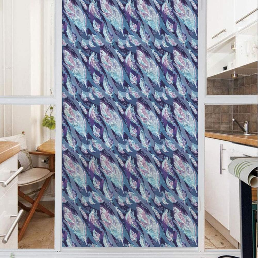 Decorative Window Film,No Glue Frosted Privacy Film,Stained Glass Door Film,Paisley Design with Feathers and Wavy Floral Decor Print,for Home & Office,23.6In. by 59In Light Blue Purple Navy Blue and W
